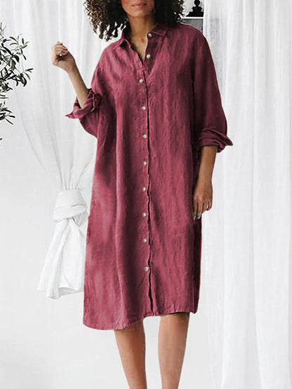 Long Sleeves Buttoned Cotton-linen Midi Dress