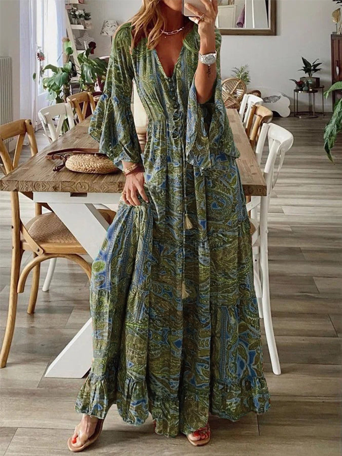 Printed V Neck Long Sleeves Maxi Dress