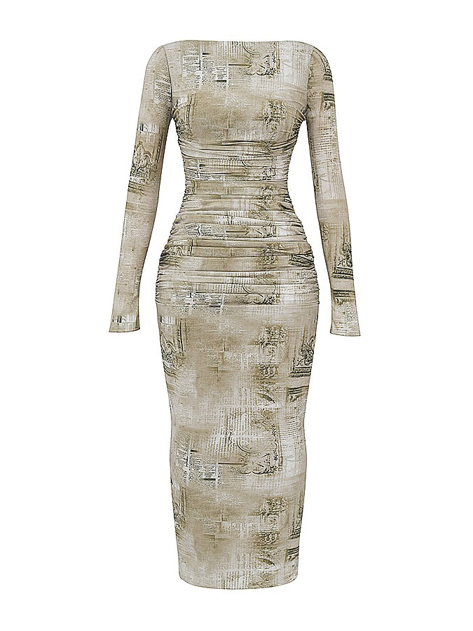 Long Sleeves Round Neck Printed Slim Maxi Dress