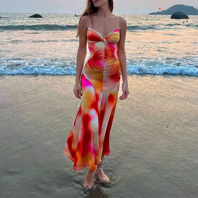 Printed V Neck Holiday Maxi Dress