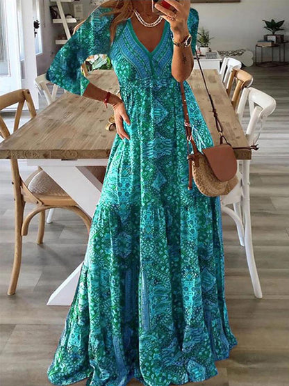 Geometric Printed V Neck Half Sleeves Maxi Dress