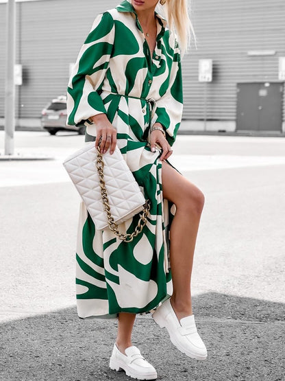Geometric Printed Long Sleeves Buttoned Slit Shirt Maxi Dress