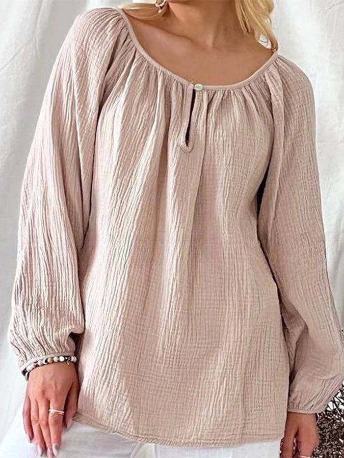 Long Sleeves Round Neck Cotton-linen Blouses