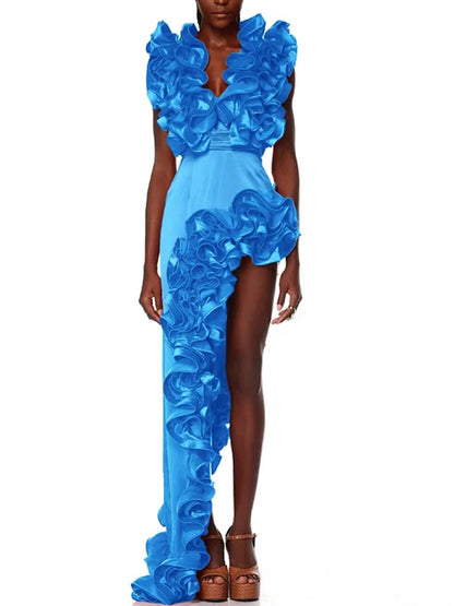 Frilled V Neck One Piece Swimsuit and Skirt