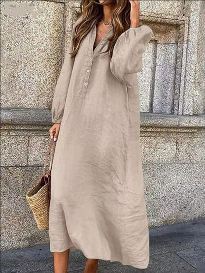 Long Sleeves Buttoned V Neck Maxi Dress