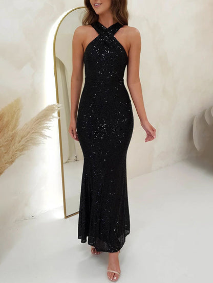 Backless Sleeveless Sequined Long Dress