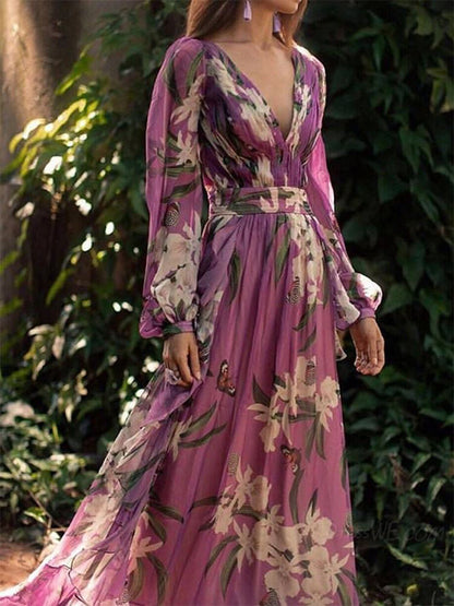Long Sleeves V Neck Printed Maxi Dress
