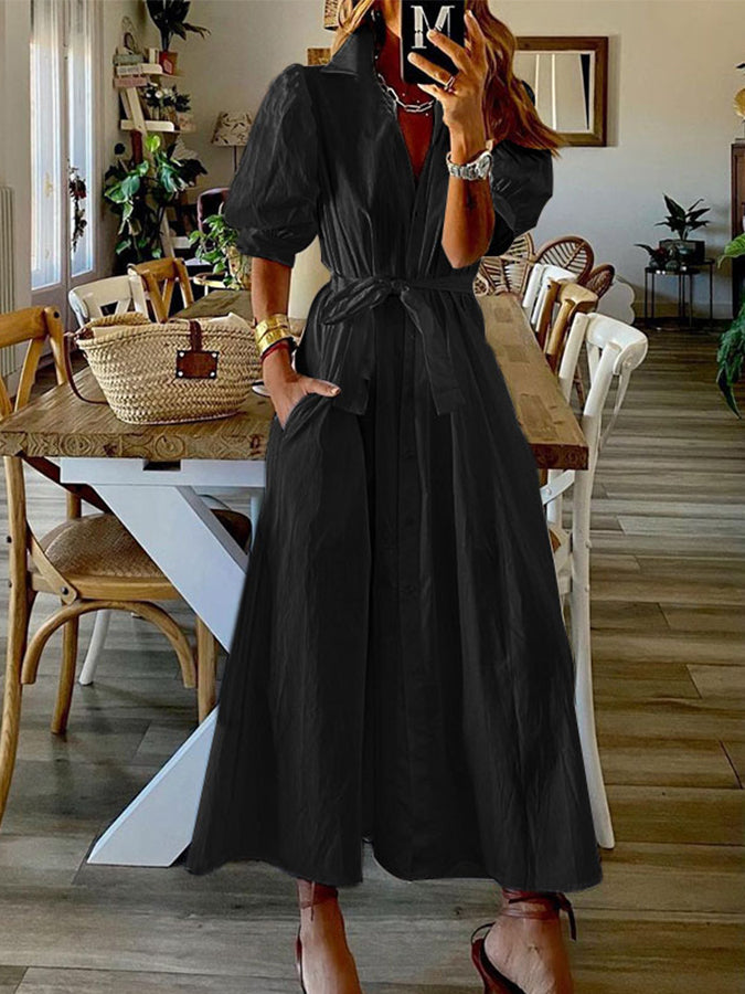 Short Sleeves Shirt Collar Maxi Dress