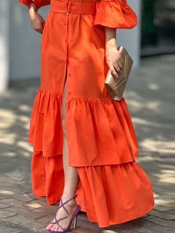 Puff Sleeves Shirt Maxi Dress