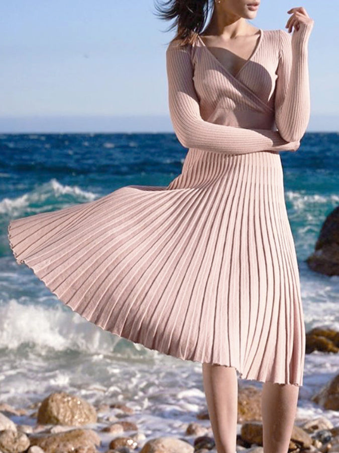 Knitted Long Sleeves V Neck Maxi Dress