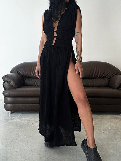 Linen-blend Slit V Neck Maxi Dress