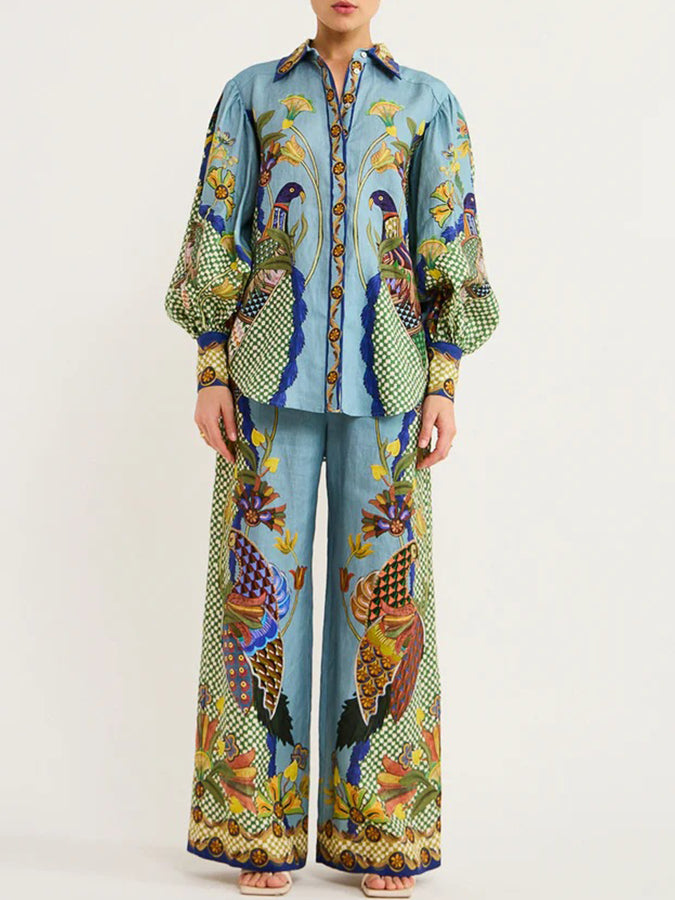 Long Sleeves Printed Blouse and Pants Sets