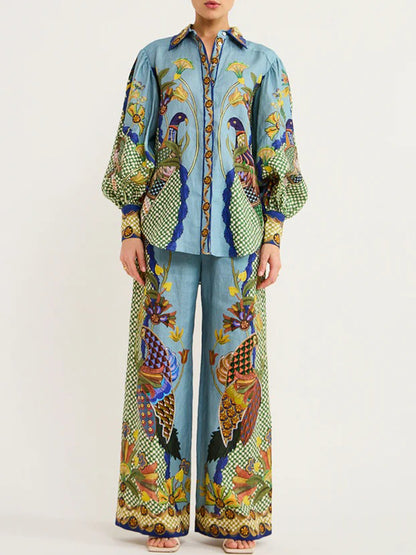 Long Sleeves Printed Blouse and Pants Sets