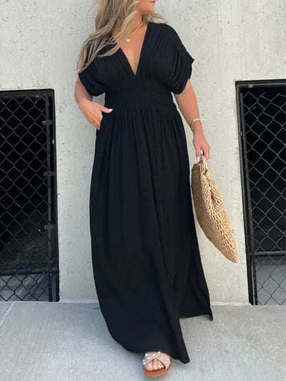 V Neck Batwing Sleeves Elastic Waist Maxi Dress