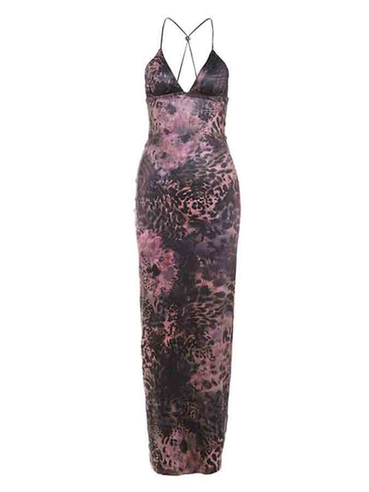Backless Halter Printed Slim Maxi Dress