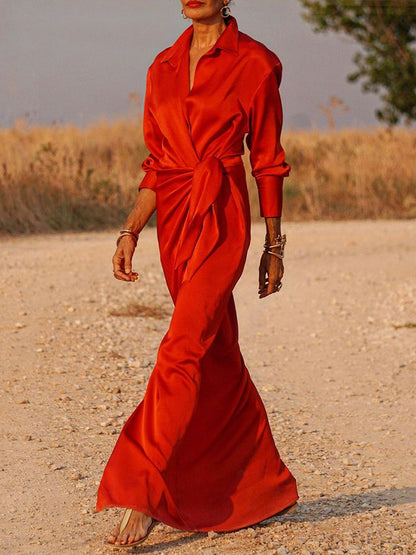 Long Sleeves Lace-up Slit Maxi Dress