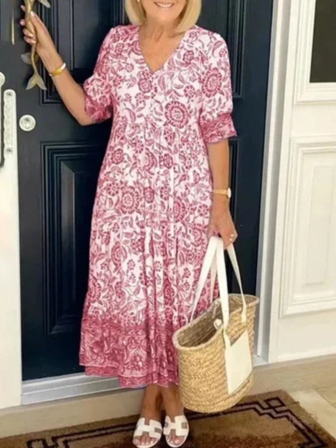 V-neck Print Loose Maxi Dress