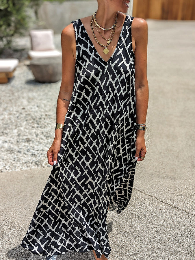 V Neck Geometric Printed Sleeveless Maxi Dress