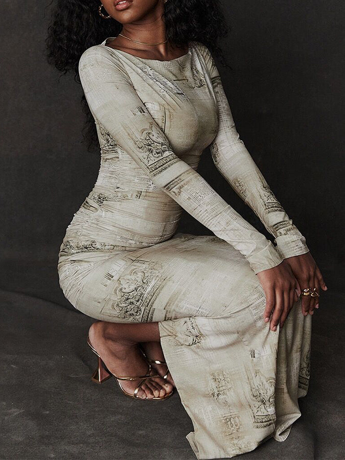 Long Sleeves Round Neck Printed Slim Maxi Dress