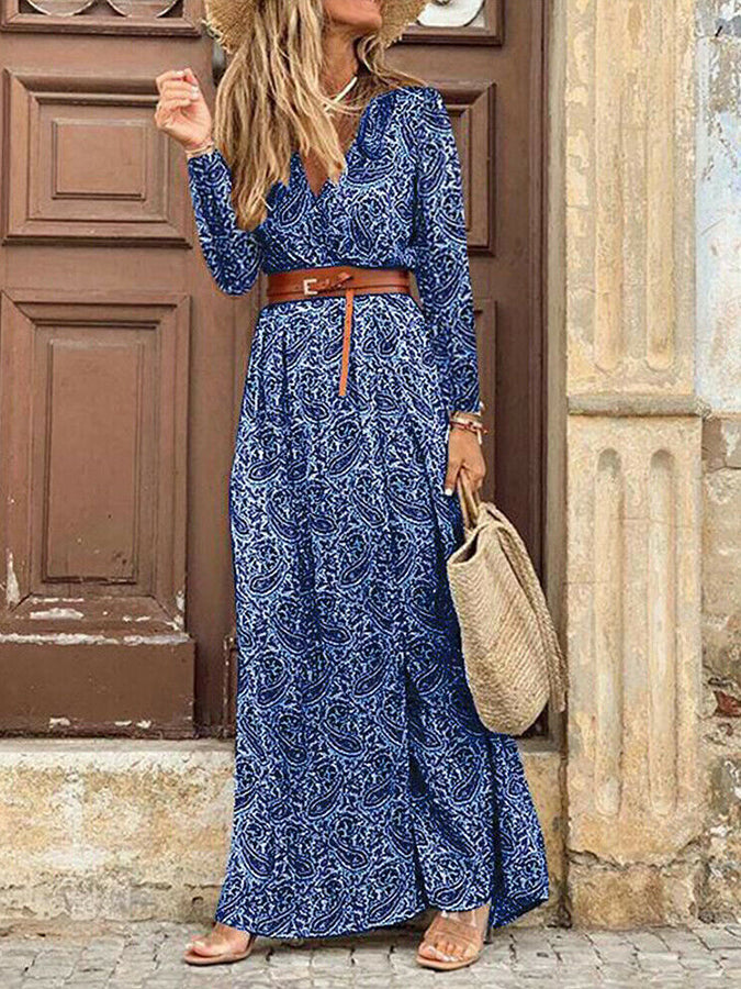 Long Sleeves Printed V Neck Maxi Dress With Belt