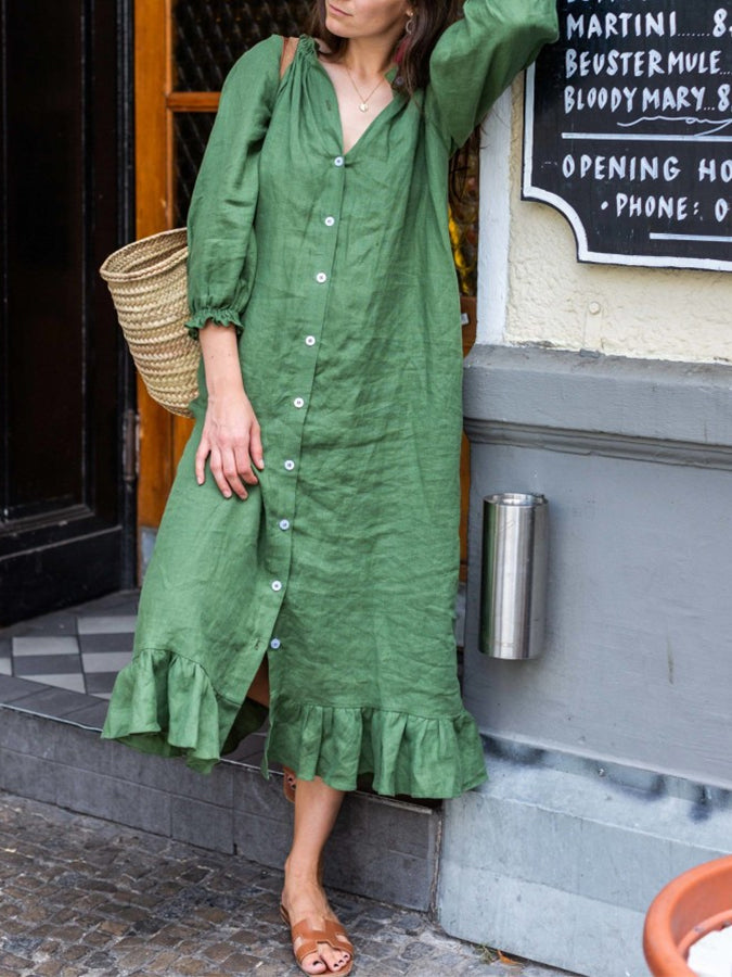 Long Sleeves Buttoned Cotton-linen Maxi Dress