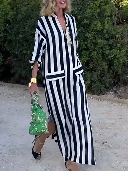 Stripes 3/4 Sleeves Pockets Slit Maxi Dress
