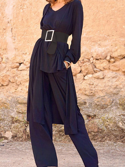 V Neck Top & Cardigan & Pants 3 Pieces Sets With Belt