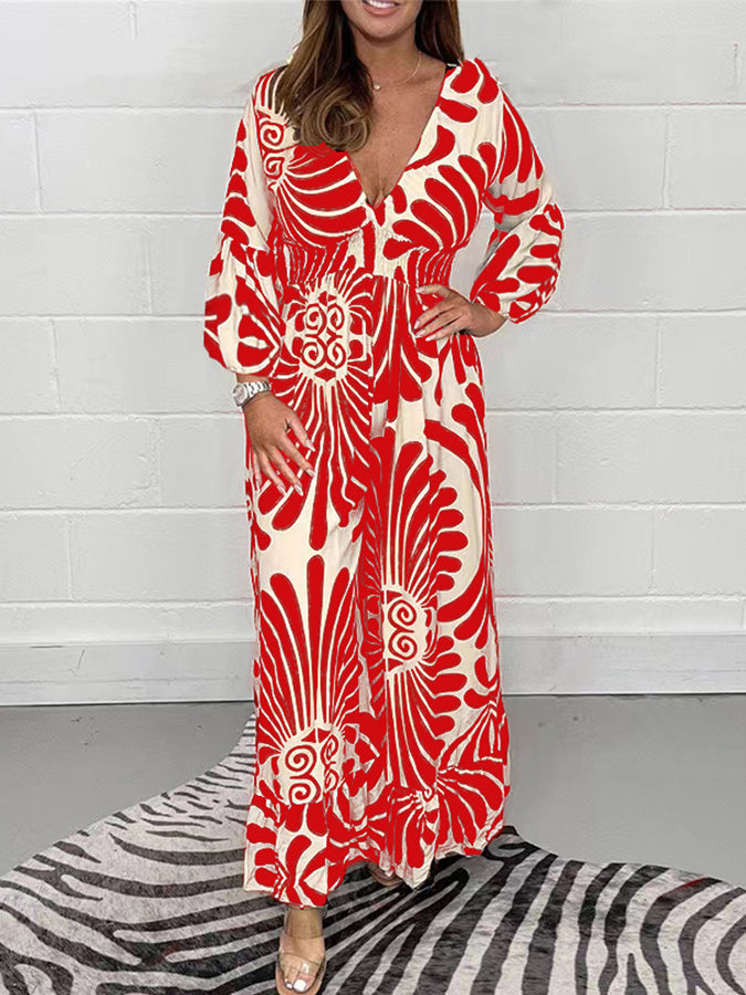 Geometric Printed Long Sleeves V Neck Maxi Dress
