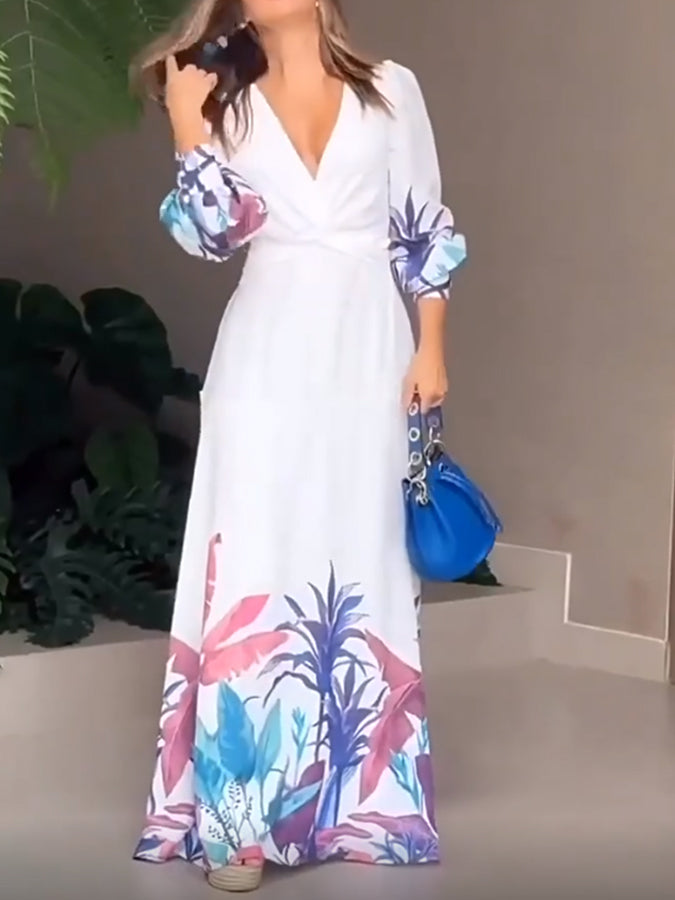 White Long Sleeves Printed V Neck Maxi Dress