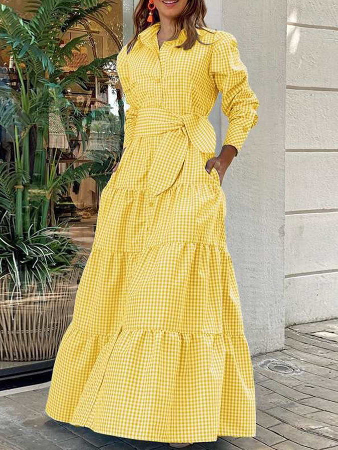Long Sleeves Plaid Shirt Maxi Dress