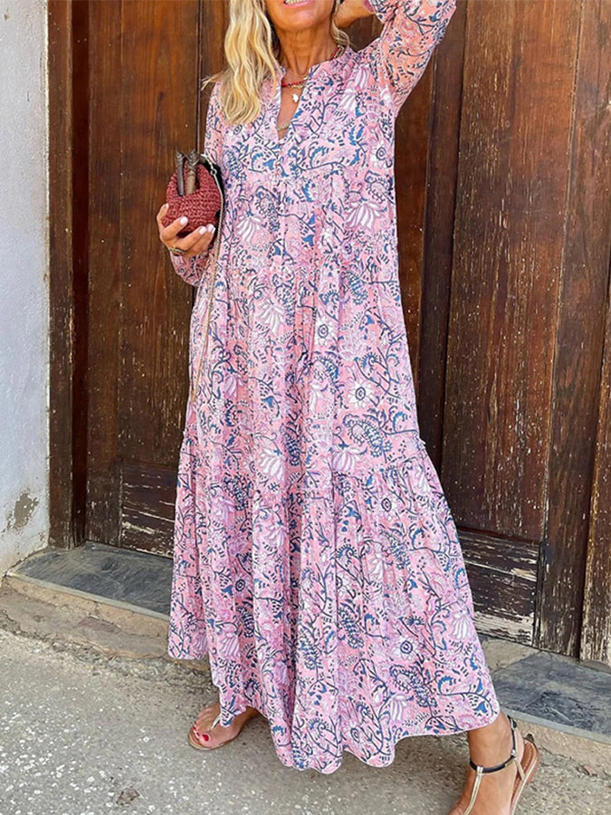 Pink V Neck Long Sleeves Printed Maxi Dress