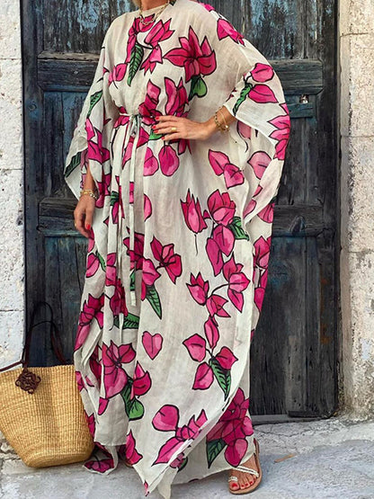 Printed Round Neck Loose Lace-up Maxi Dress