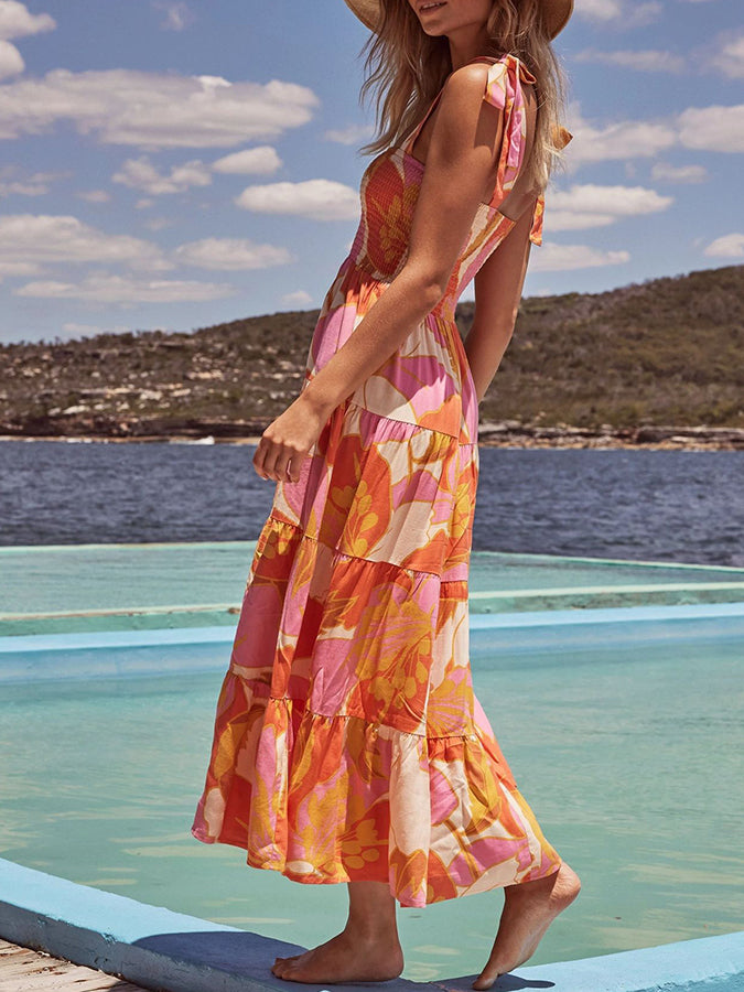 Leaves Printed Tie-shoulder Sleeveless Holiday Maxi Dress