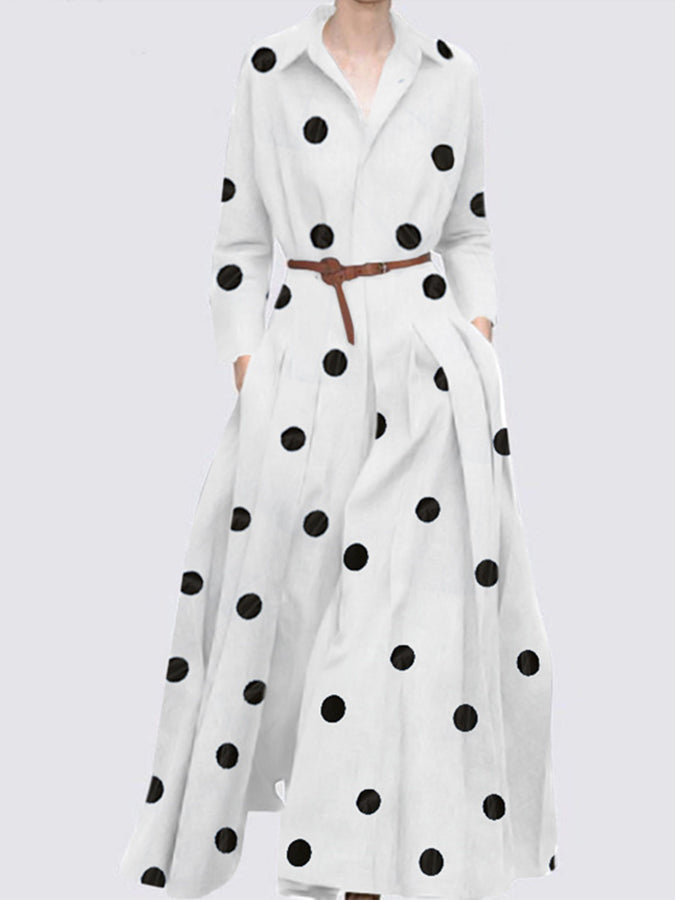 Polka Dots Printed Long Sleeves Shirt Maxi Dress