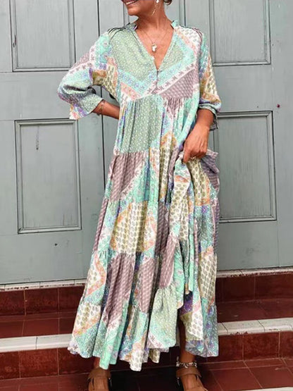 V Neck Long Sleeves Printed Loose Maxi Dress