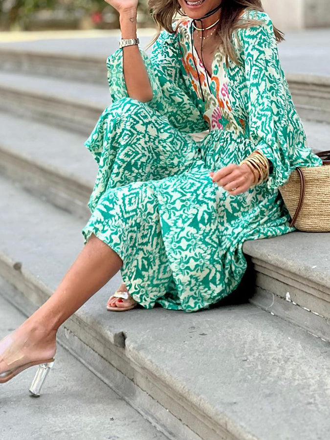 Green Printed Long Sleeves V Neck Maxi Dress