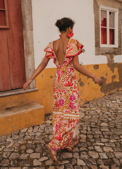 V-neck Ruffled Print Slit Long Dress