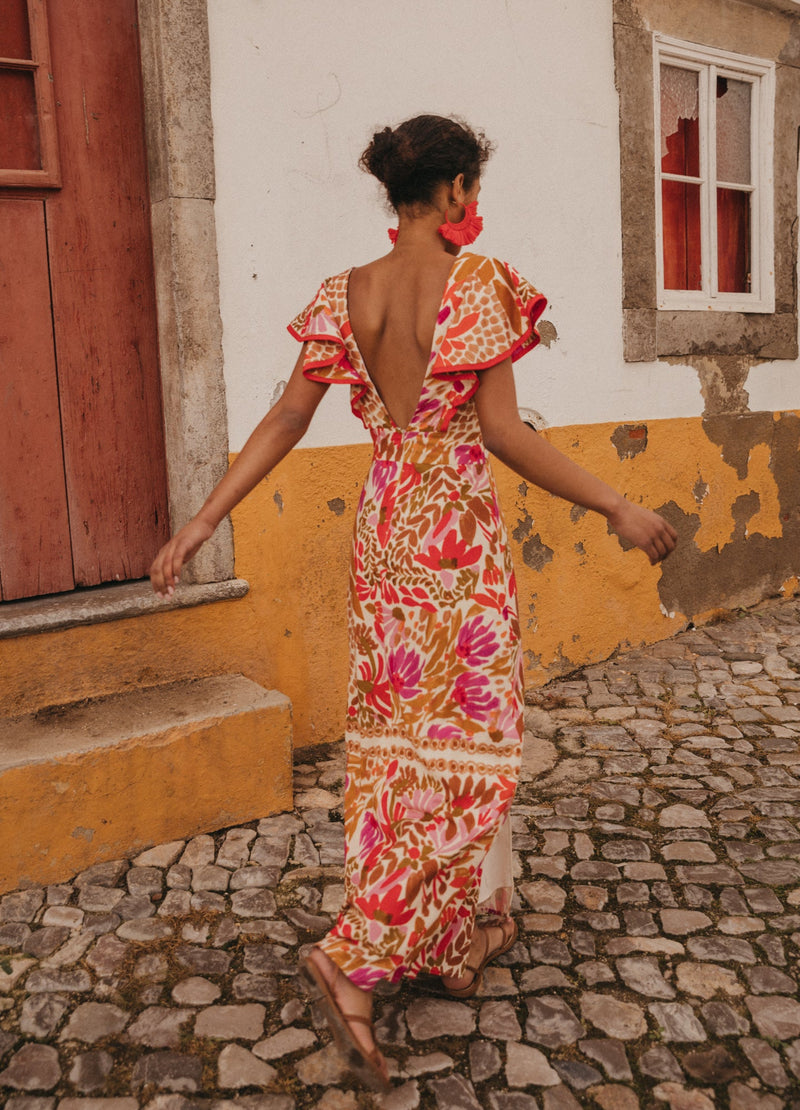 V-neck Ruffled Print Slit Long Dress