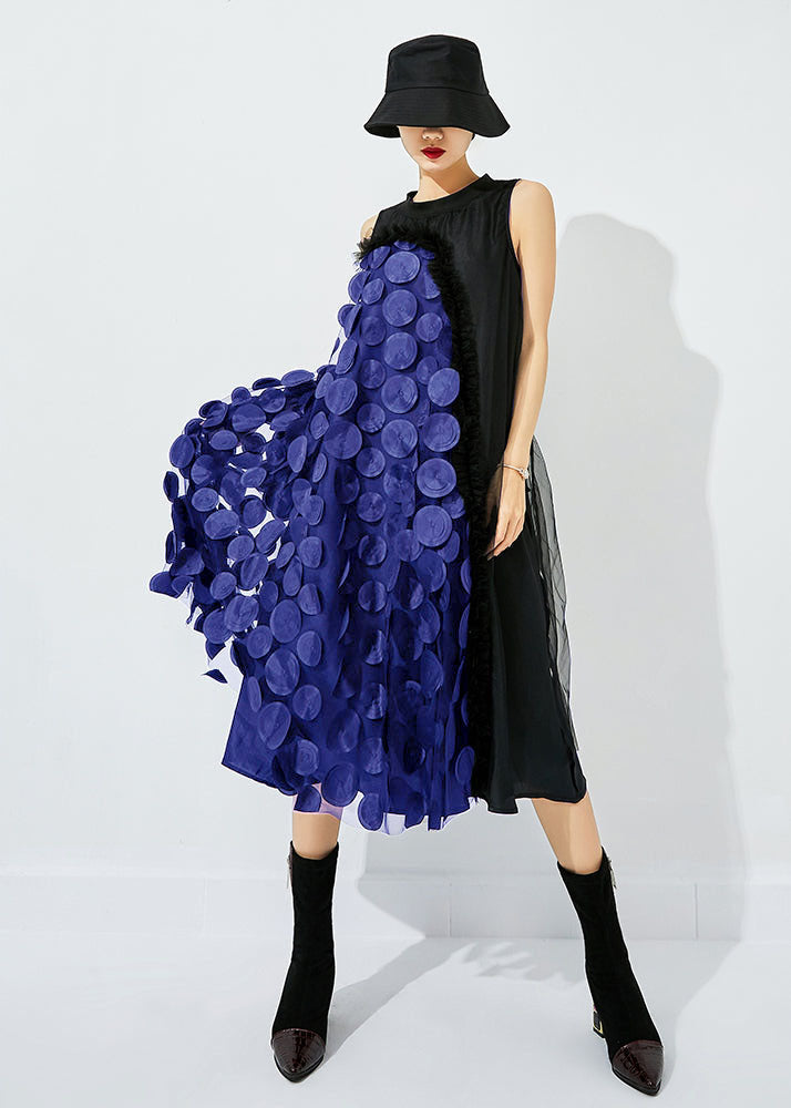 Black Asymmetrical Patchwork Wrinkled Tulle Maxi Dress Sleeveless Ly0832