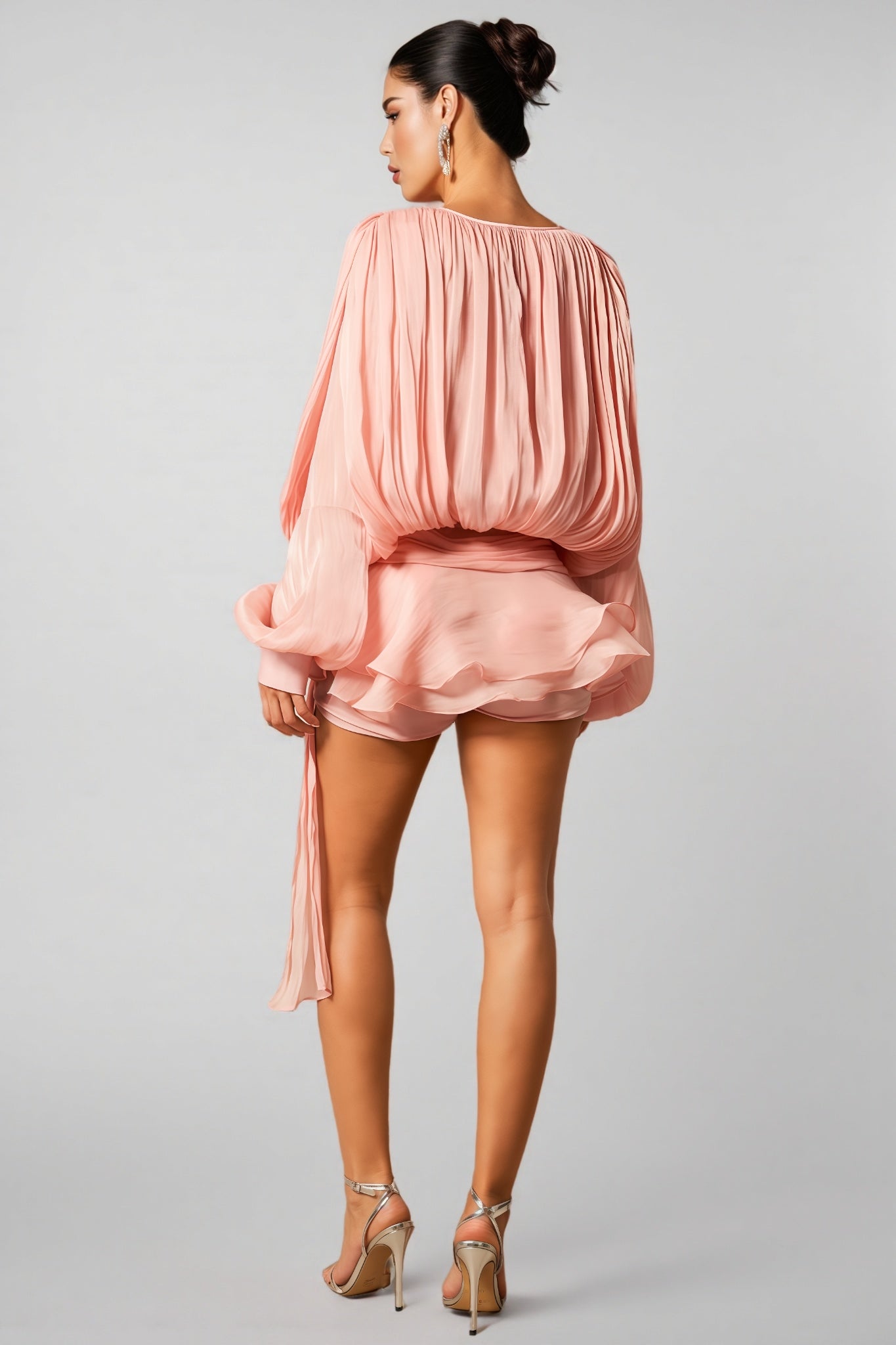Niavia Pink Pleated Ruffle Hem Mini Dress