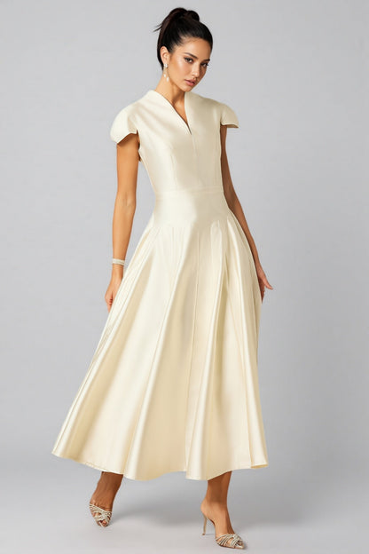 Aurelia Cap Sleeve V-neck Satin Midi Dress