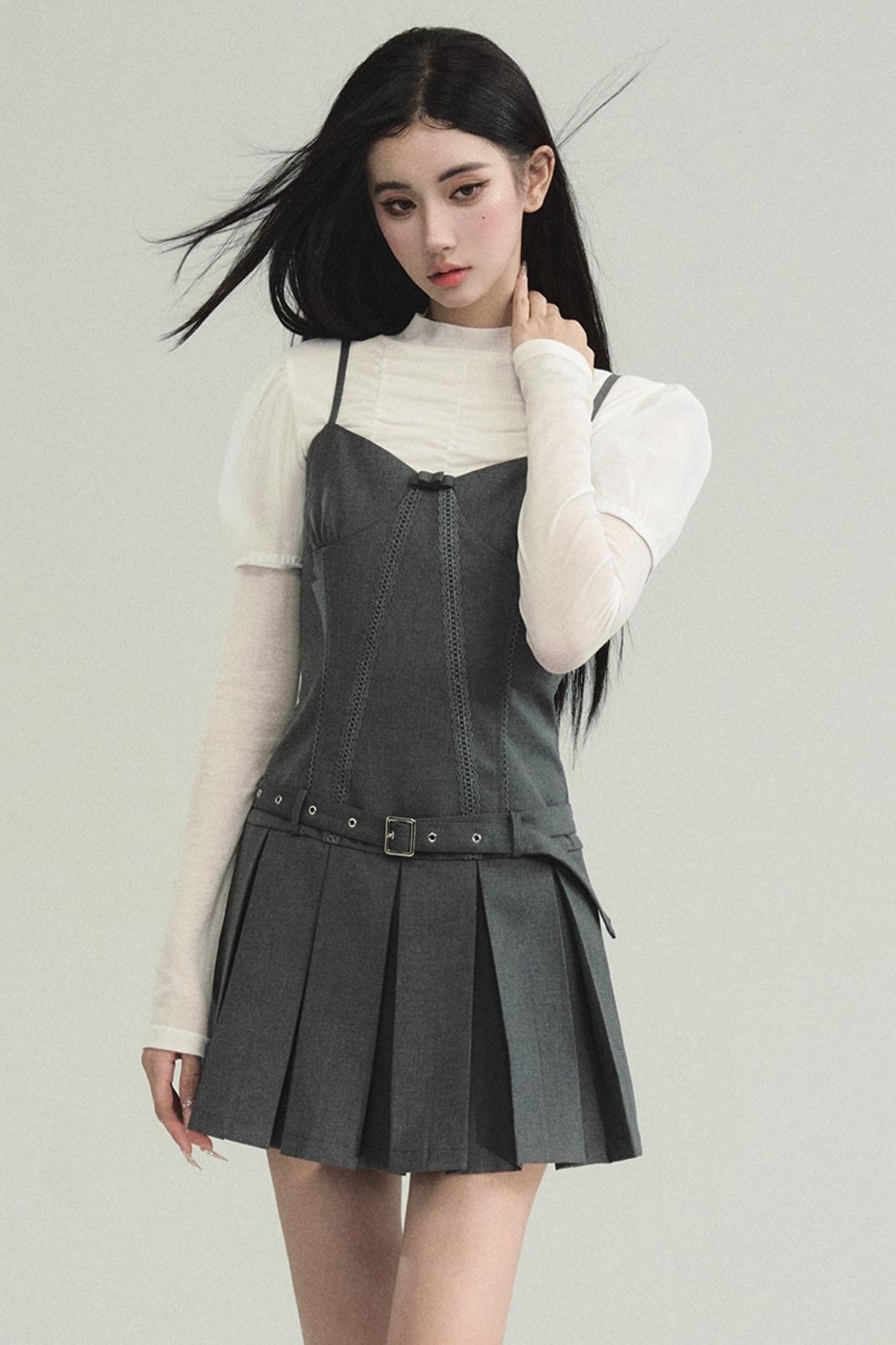Professional Grey Blazer and Pleated Mini Dress Set