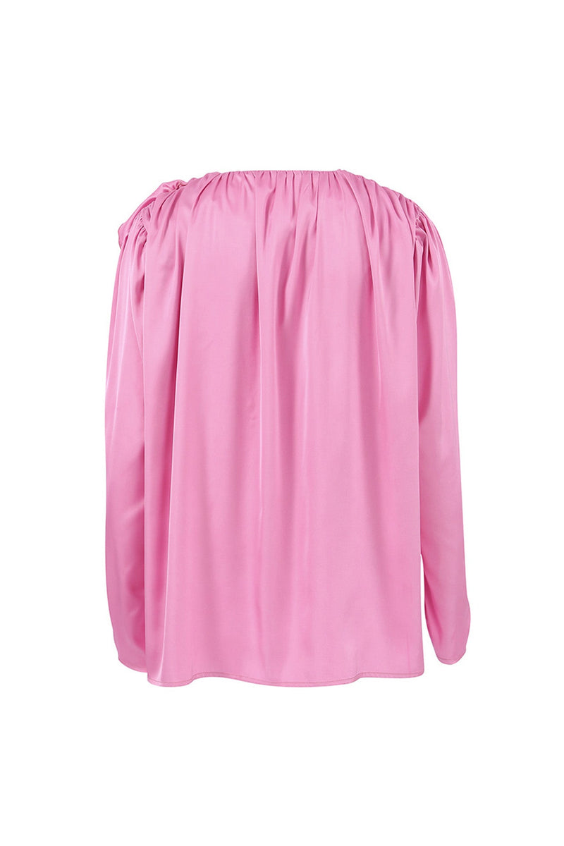 Pink V Neck Ruched Lace-up Blouse