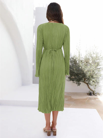 Mountain Vistas Draped Pleated Bell-sleeve Midi Dress