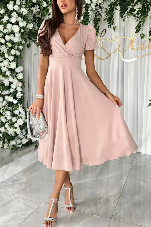 Zayla Color Puff Sleeve V-neck Waist Slim Fit Midi Dress