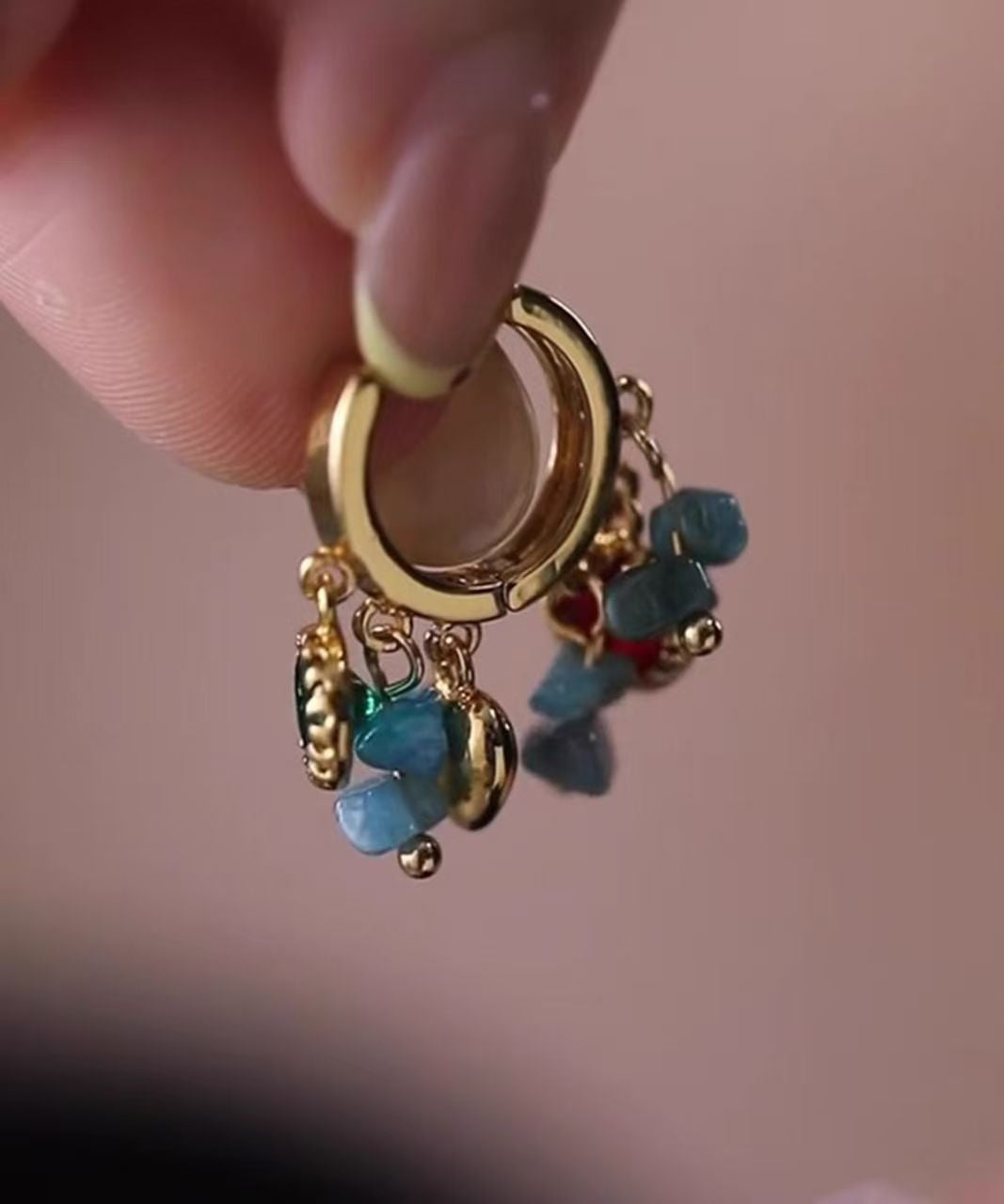 Blue Copper Overgild Asymmetrical Tassel Hoop Earrings