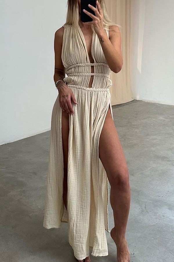 With Elegance Linen Blend Braids Belt Cutout Slit Kaftan Maxi Dress