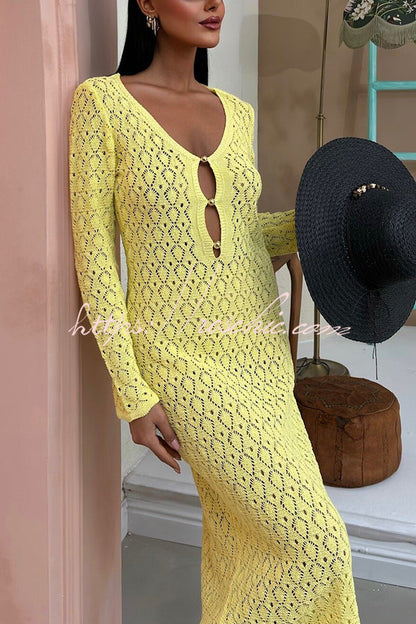 V-neck Long-sleeved Hollow Slim Maxi Dress