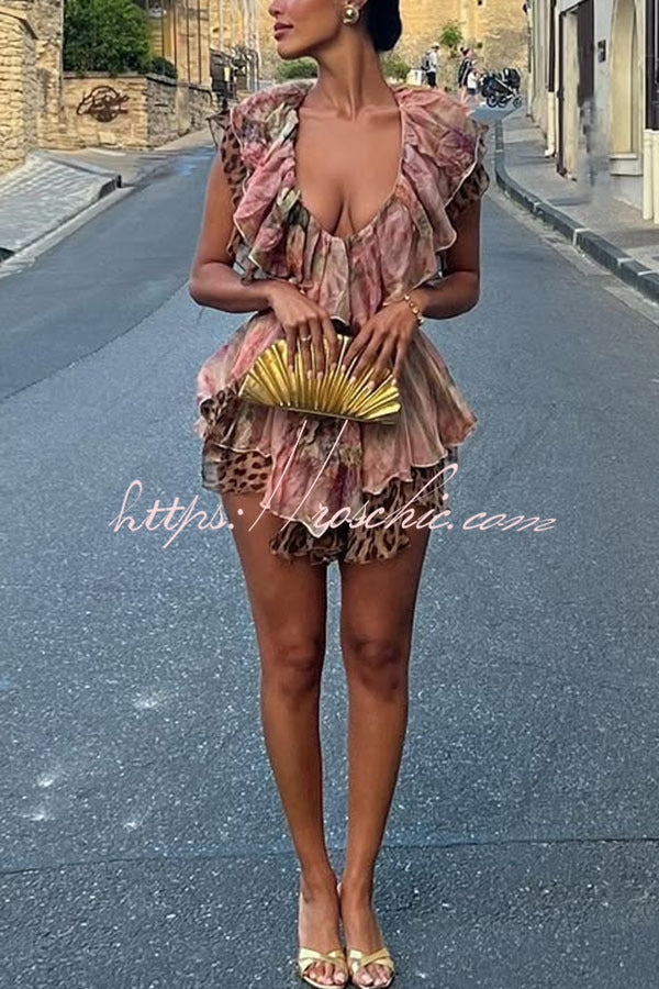 Dreamy Island Leopard Print Cutout Waist Tiered Ruffles Mini Dress