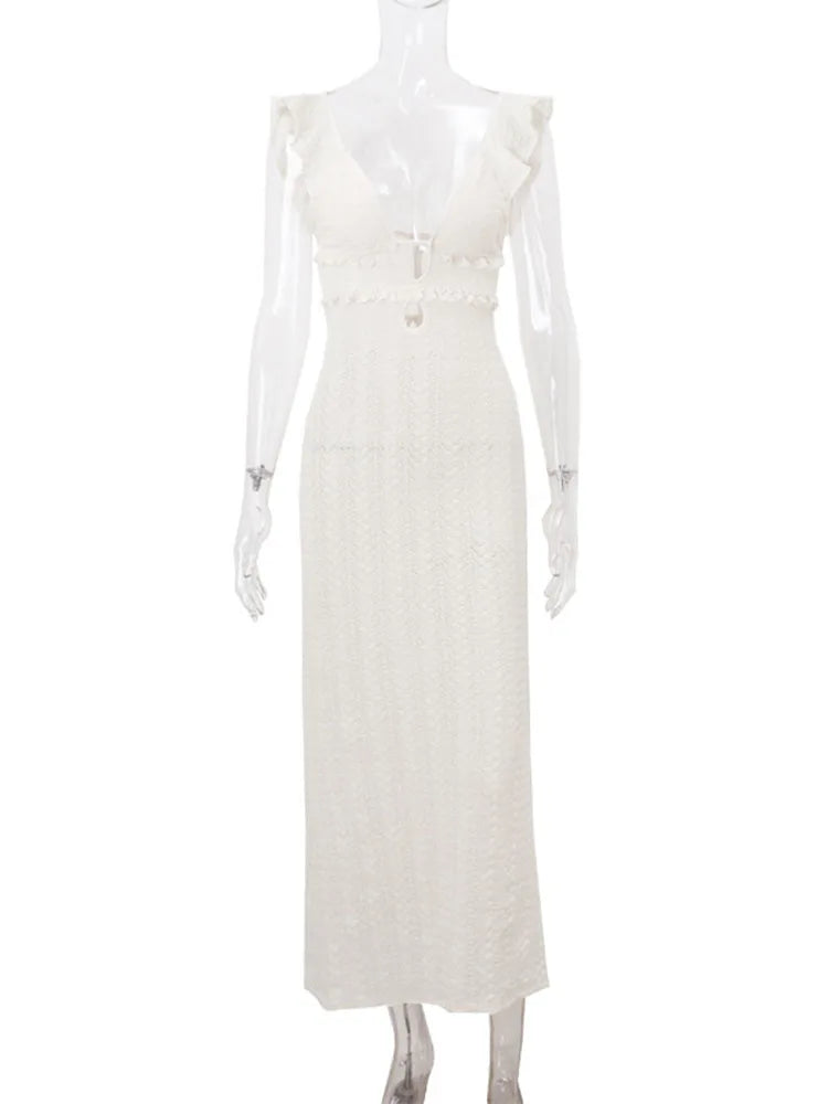Deep V Neck Dresses Sleeveless Slim High Waist Long Dress Femme Holiday Knitted Beach Dress Woman